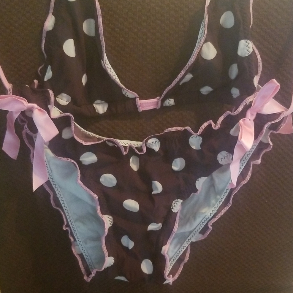 TNA brown white and pink polka dot bikini